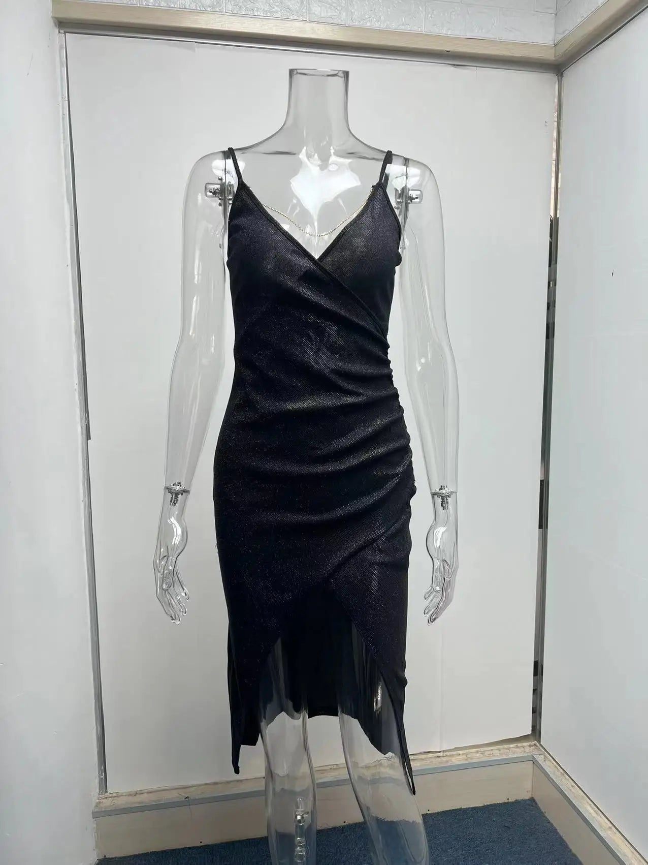 Sexy Glitter Open Back Spaghetti Straps High Split Deep V-neck Knee Length Club Dress