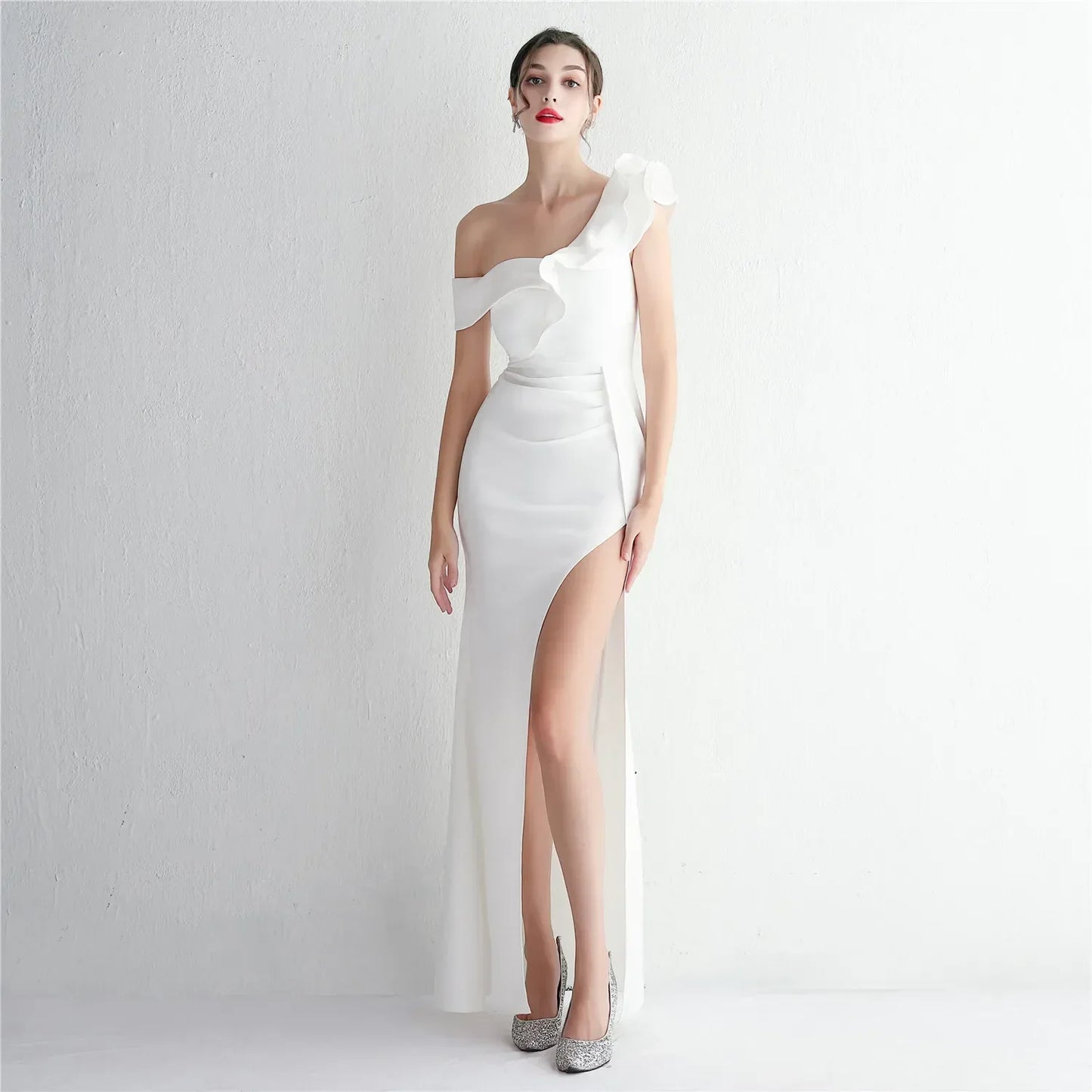 Sexy High Split Solid Color Ruffles Fishtail Formal Eveing Dress with Chest Pad