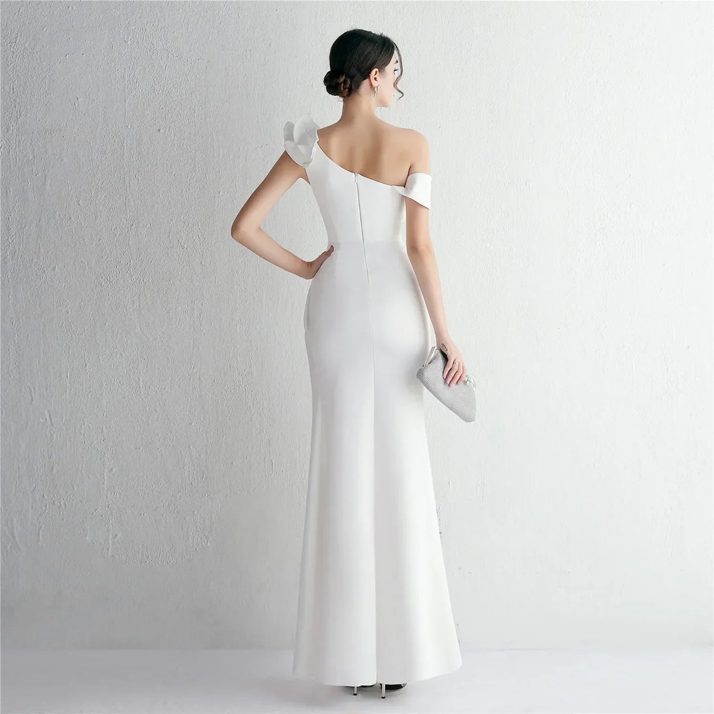 Sexy High Split Solid Color Ruffles Fishtail Formal Eveing Dress with Chest Pad