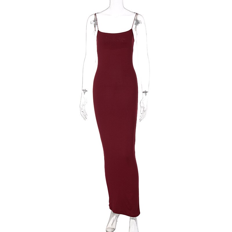 Sexy Spaghetti Straps Slash Neck Solid Color Ankle Length Slim Dress