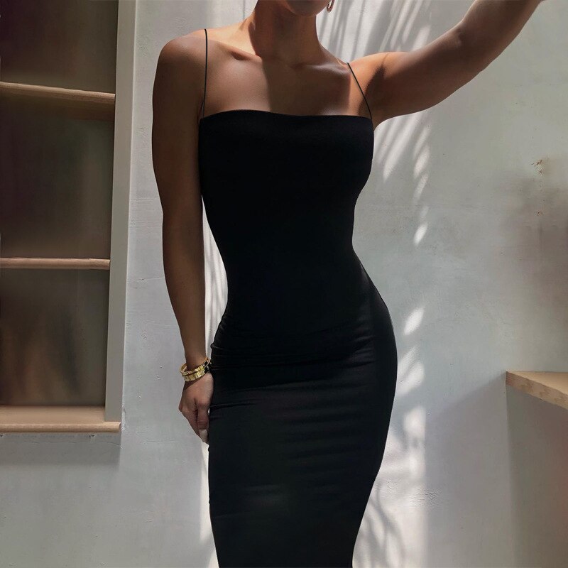 Sexy Spaghetti Straps Slash Neck Solid Color Ankle Length Slim Dress