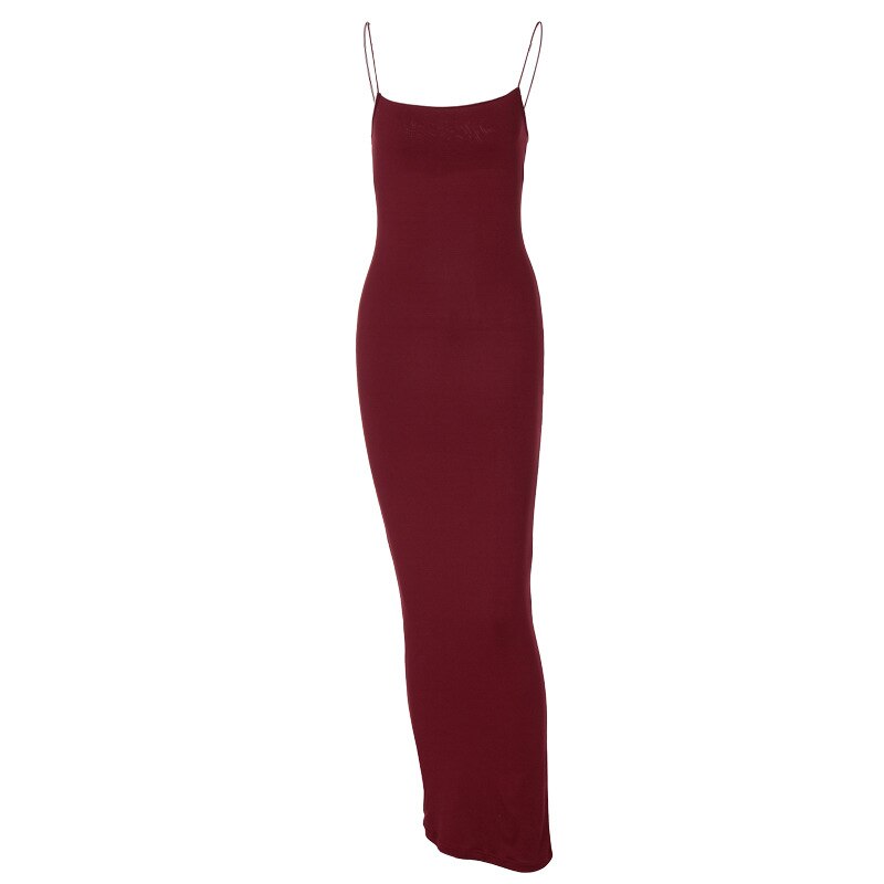Sexy Spaghetti Straps Slash Neck Solid Color Ankle Length Slim Dress
