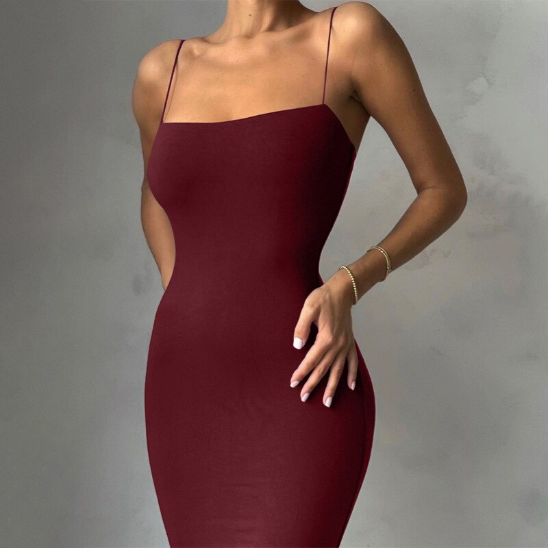 Sexy Spaghetti Straps Slash Neck Solid Color Ankle Length Slim Dress