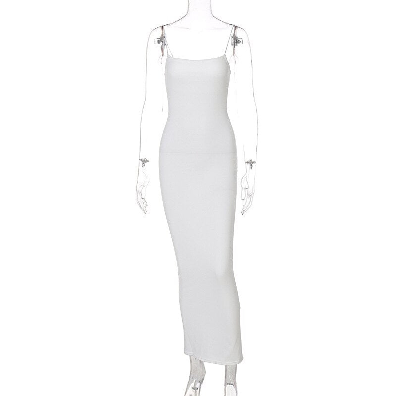 Sexy Spaghetti Straps Slash Neck Solid Color Ankle Length Slim Dress