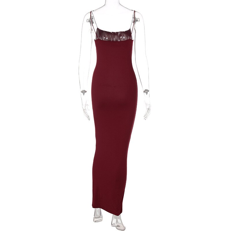 Sexy Spaghetti Straps Slash Neck Solid Color Ankle Length Slim Dress