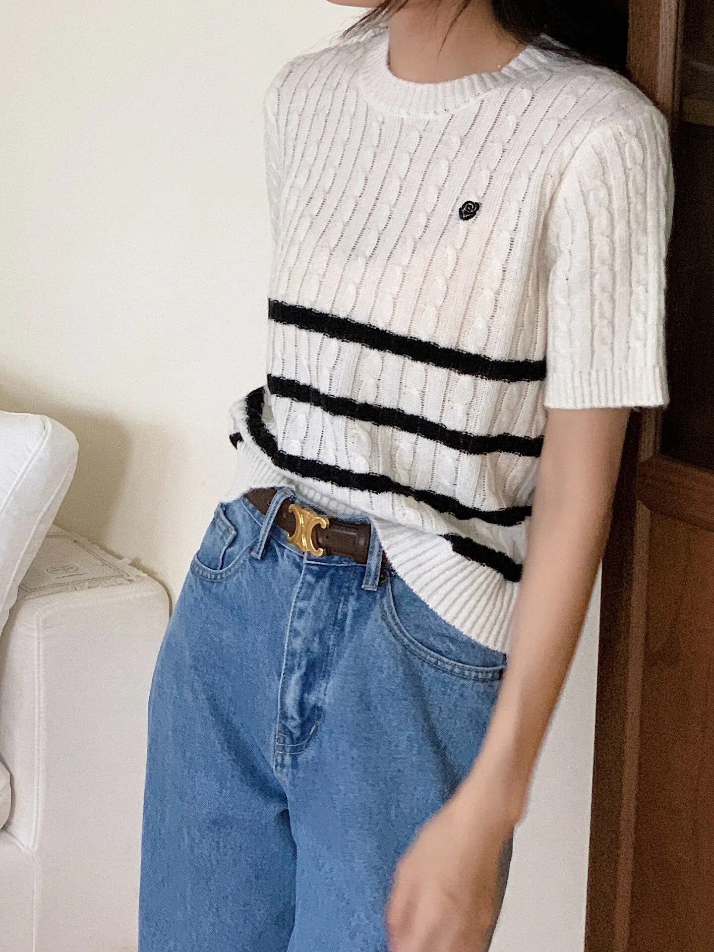 Small Flower Knitted Wool Short Sleeve Women's Autumn 2023 Layered Casual Pullover Top Sweater