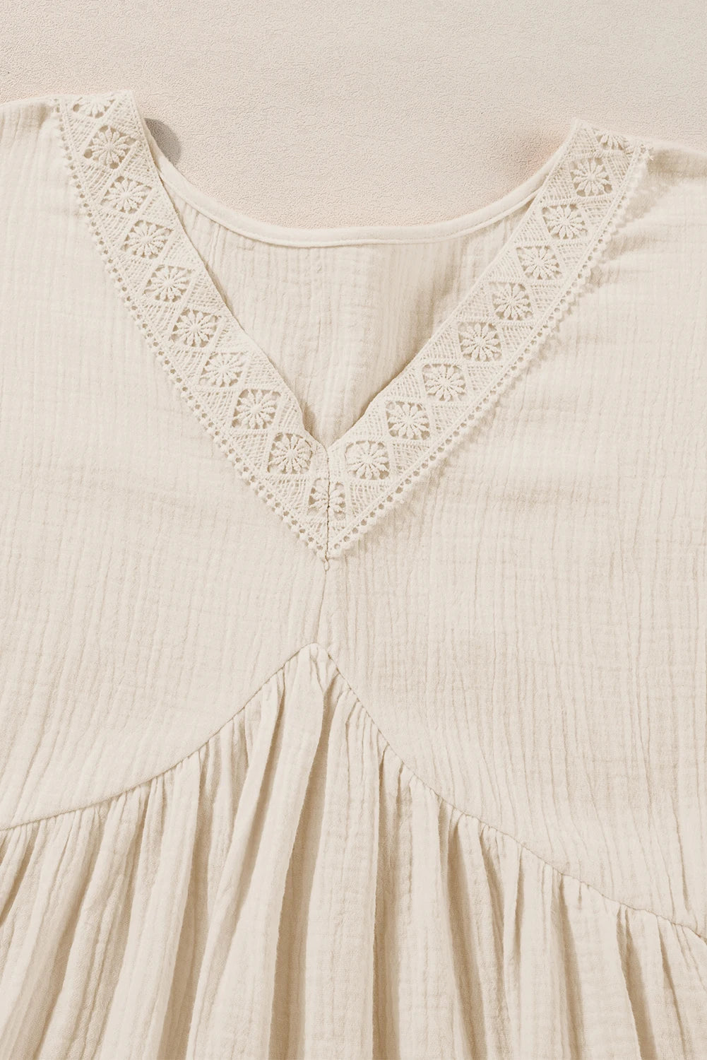 Solid Color Pure Cotton Folded Short Sleeve Lace V Neck Mini Dress