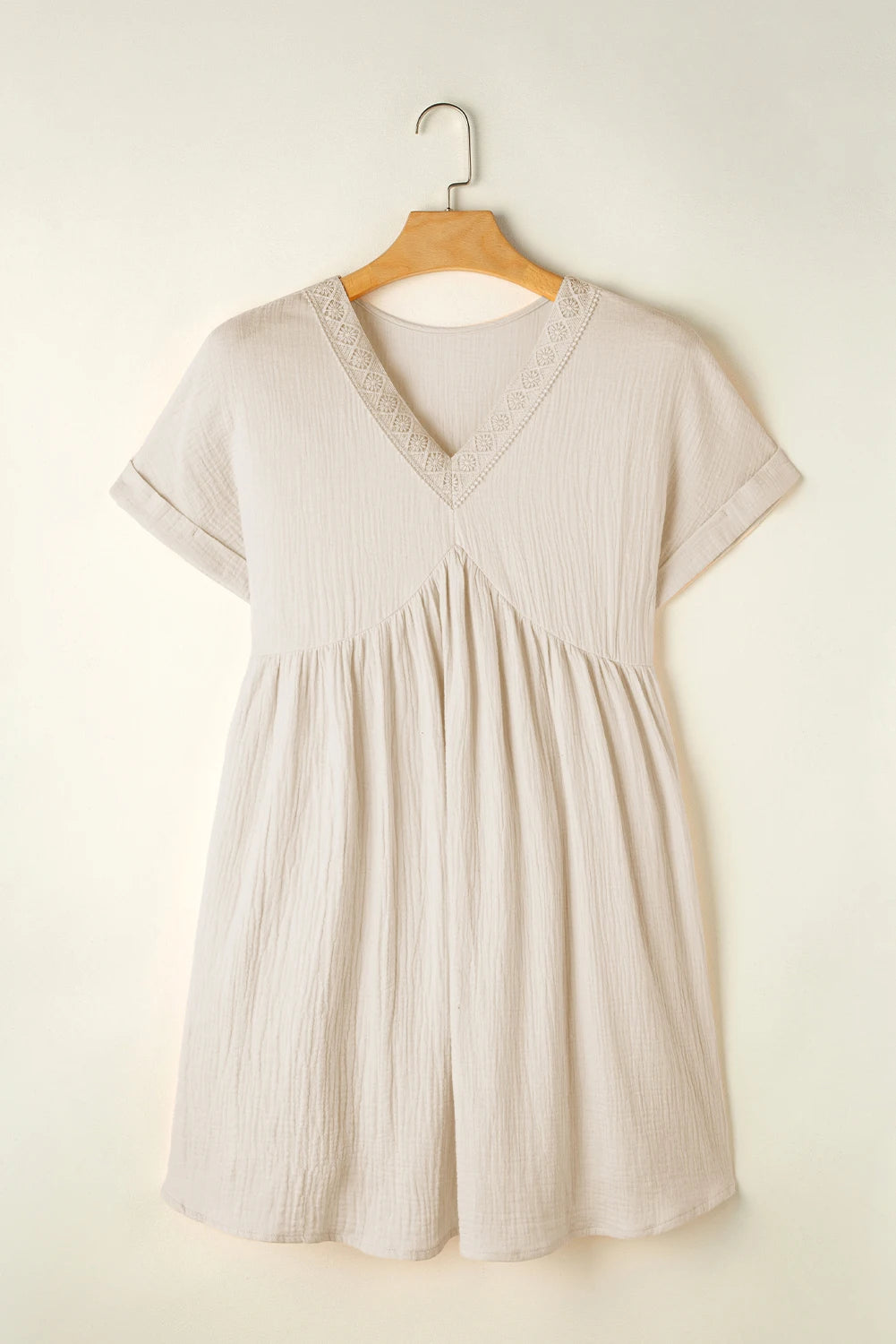 Solid Color Pure Cotton Folded Short Sleeve Lace V Neck Mini Dress