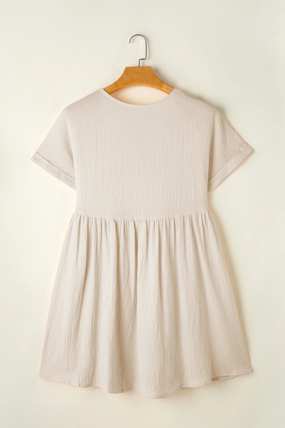 Solid Color Pure Cotton Folded Short Sleeve Lace V Neck Mini Dress