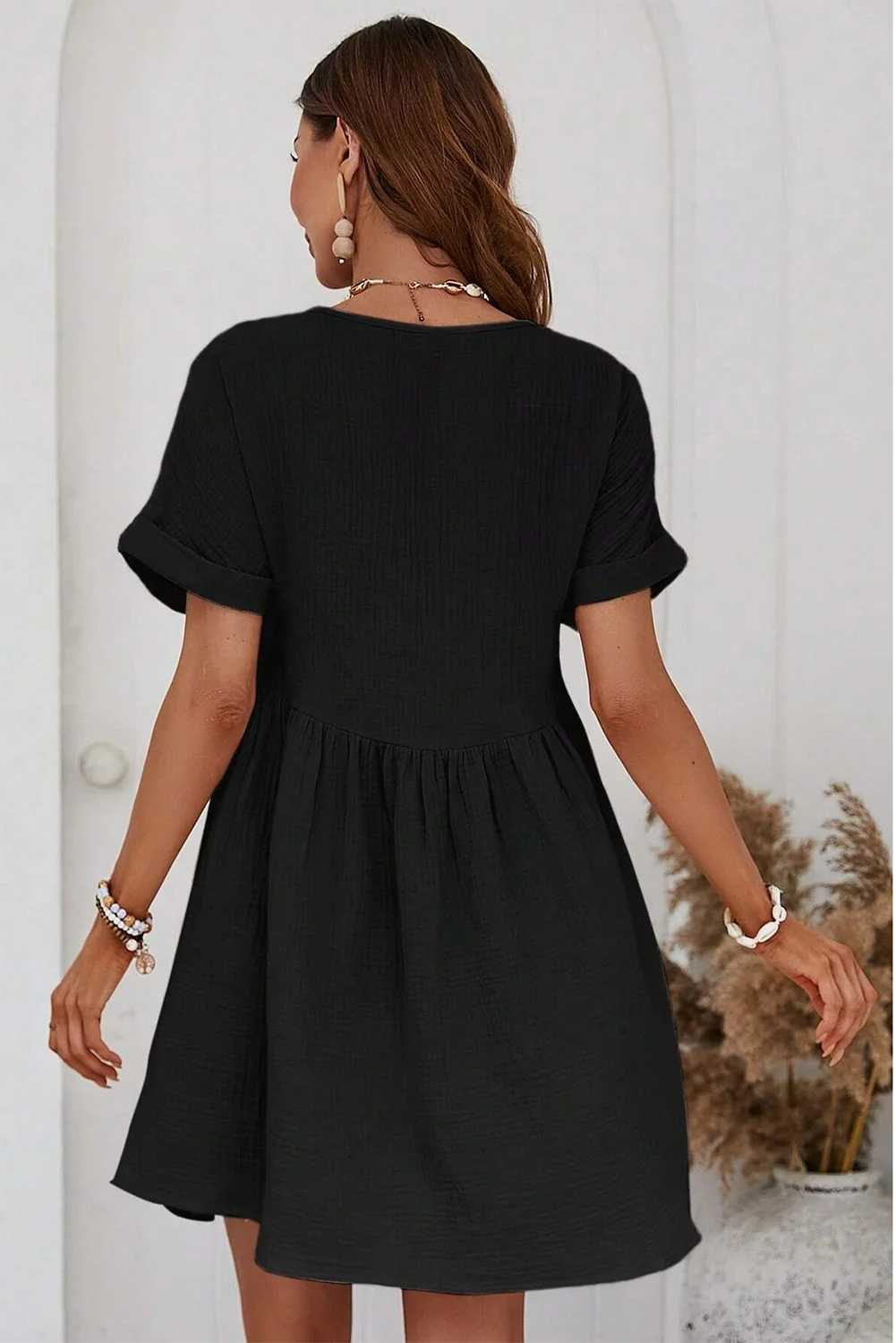 Solid Color Pure Cotton Folded Short Sleeve Lace V Neck Mini Dress
