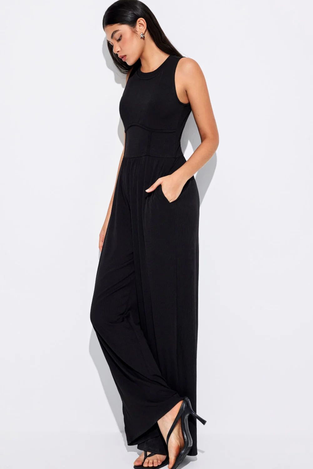 Solid Color Round Neck Cinched Waist Sleeveless Wide Leg Jumpsuit with Pockets