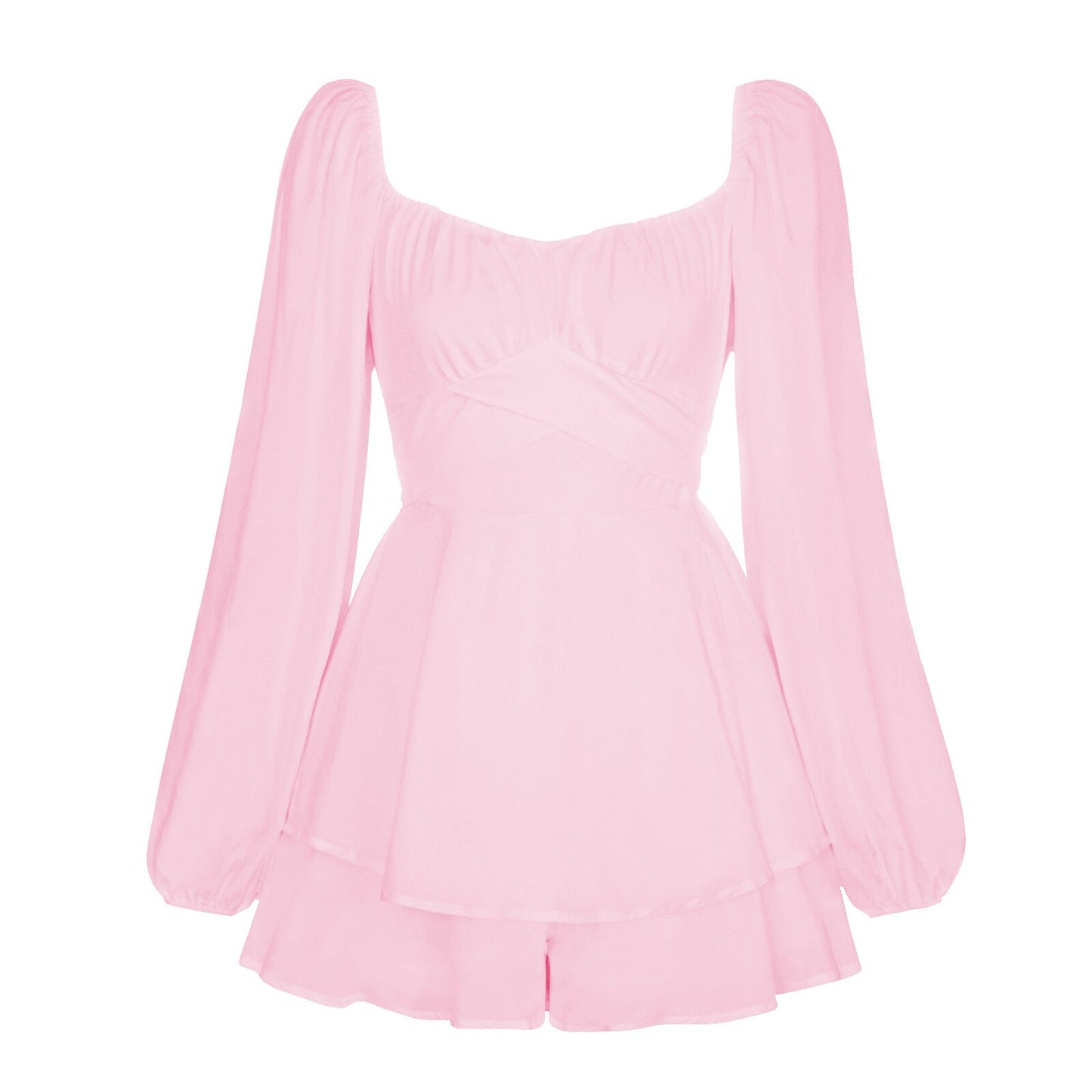 Solid Color Women's Lantern Long Sleeve Ruffles Short Casual Jumpsuit Pant Dress