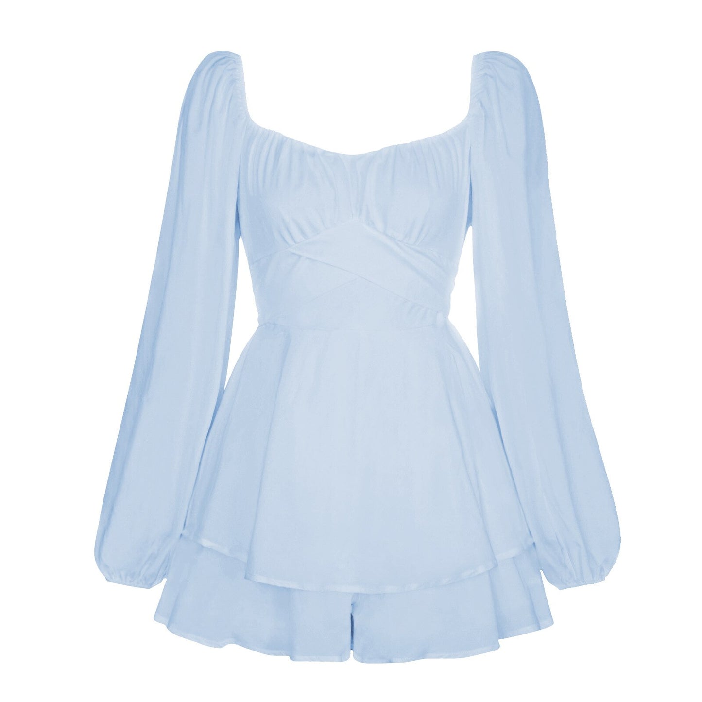 Solid Color Women's Lantern Long Sleeve Ruffles Short Casual Jumpsuit Pant Dress