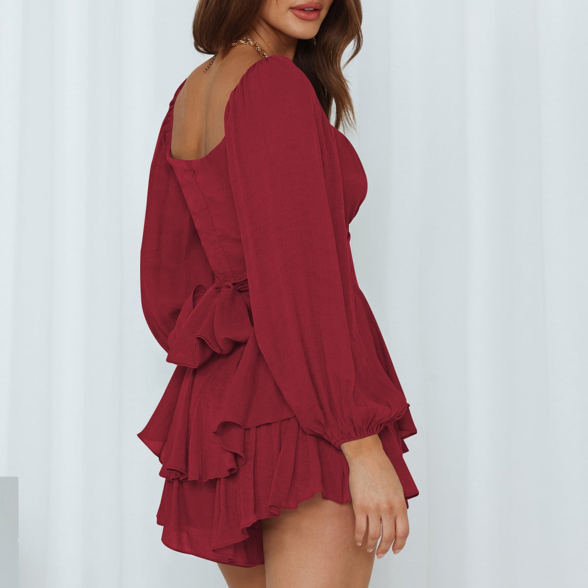 Solid Color Women's Lantern Long Sleeve Ruffles Short Casual Jumpsuit Pant Dress
