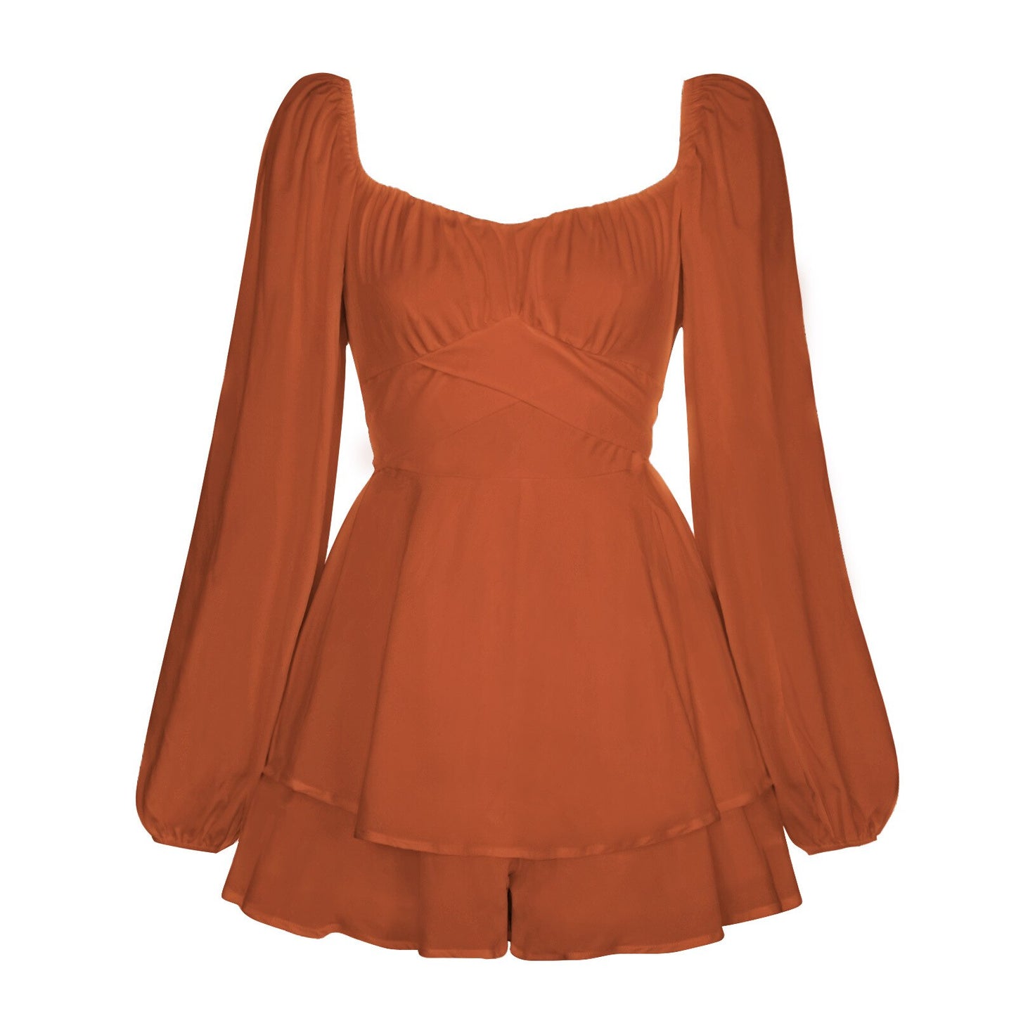 Solid Color Women's Lantern Long Sleeve Ruffles Short Casual Jumpsuit Pant Dress