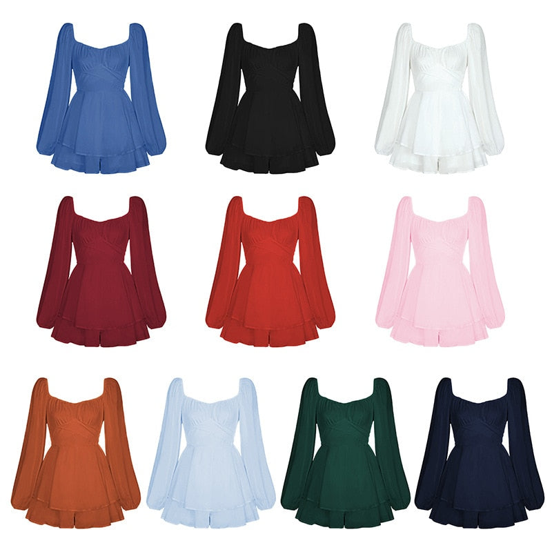 Solid Color Women's Lantern Long Sleeve Ruffles Short Casual Jumpsuit Pant Dress