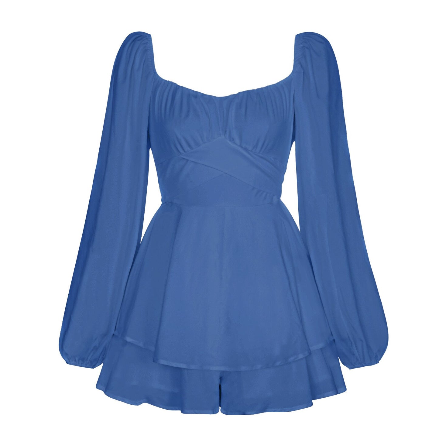 Solid Color Women's Lantern Long Sleeve Ruffles Short Casual Jumpsuit Pant Dress