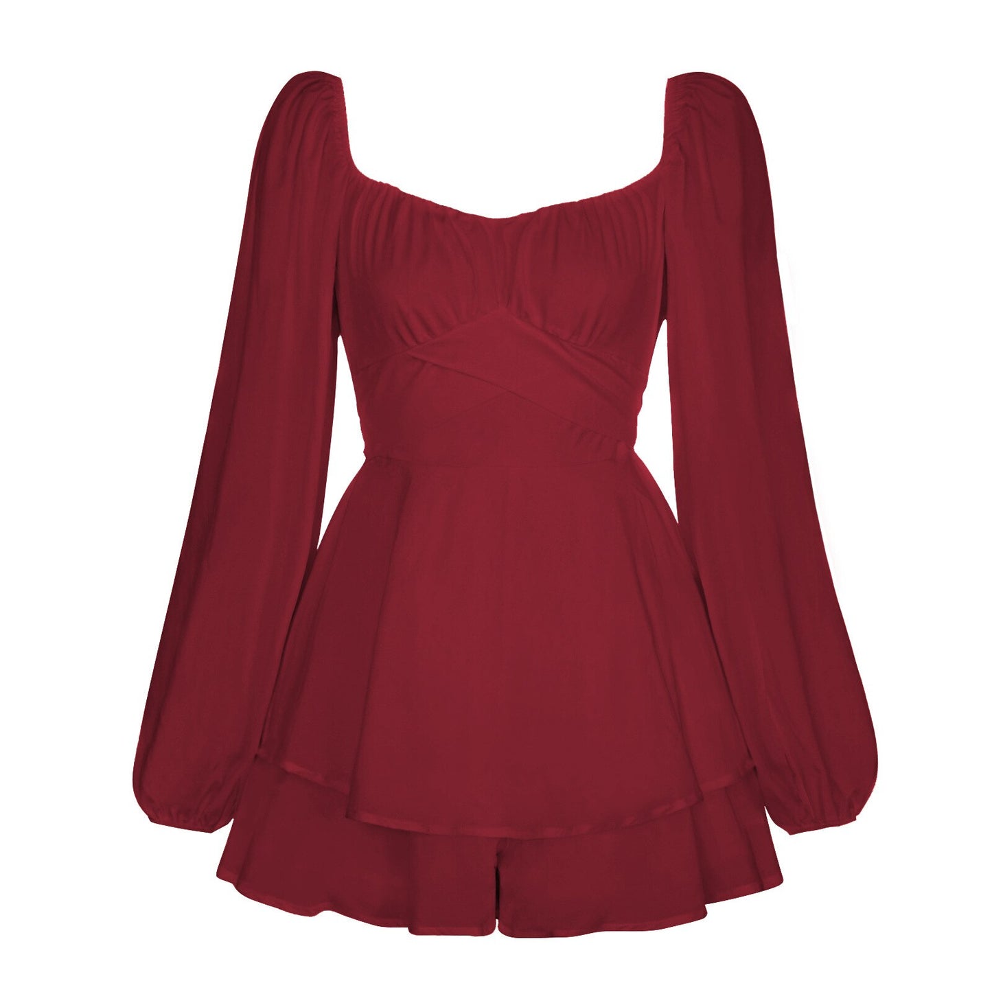 Solid Color Women's Lantern Long Sleeve Ruffles Short Casual Jumpsuit Pant Dress