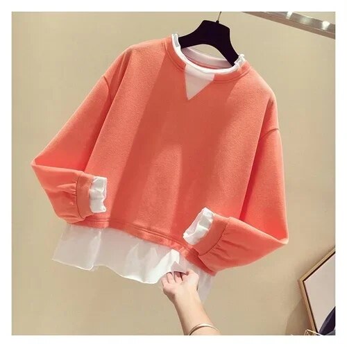 Spring and Autumn Fake Two Pieces Solid Color Block Long-sleeved Sweater Top