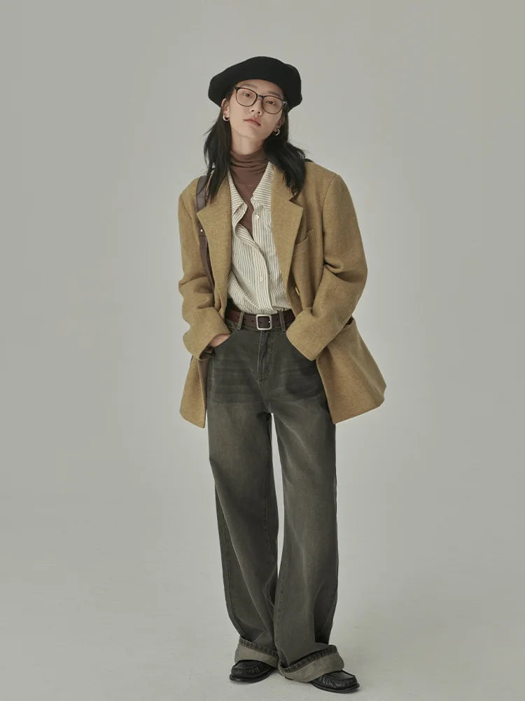 Spring and Autumn Retro Striped Shirt Loose and Slim for Women