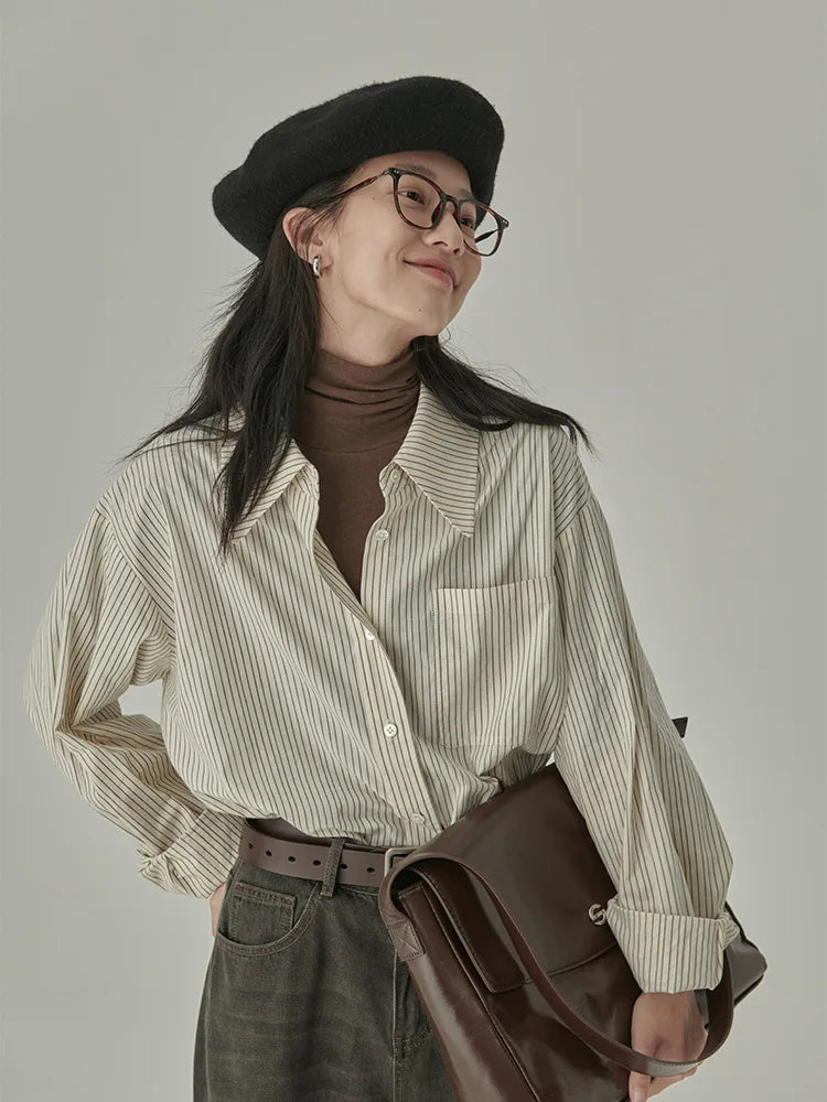 Spring and Autumn Retro Striped Shirt Loose and Slim for Women