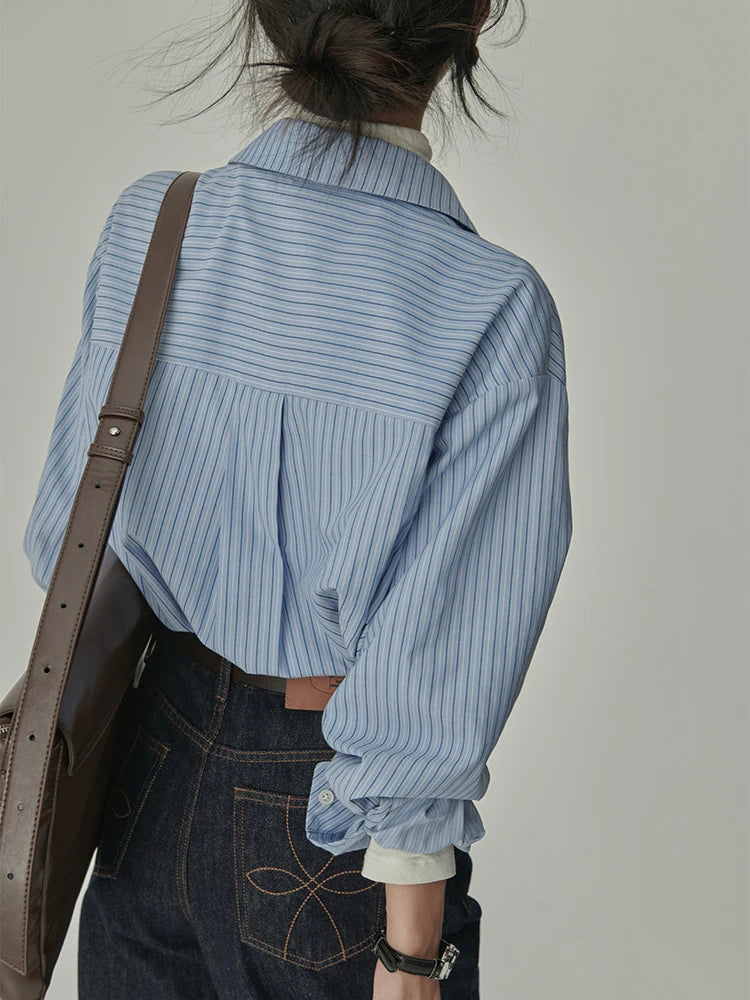 Spring and Autumn Retro Striped Shirt Loose and Slim for Women