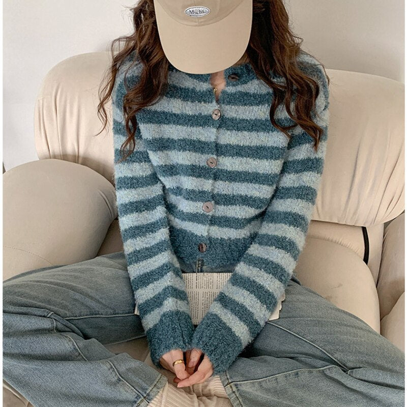 Striped Sweater Jacket Women's Soft Glutinous Knitted Cardigan Top