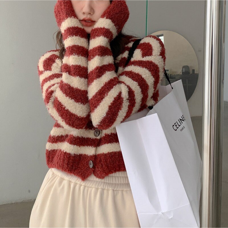 Striped Sweater Jacket Women's Soft Glutinous Knitted Cardigan Top