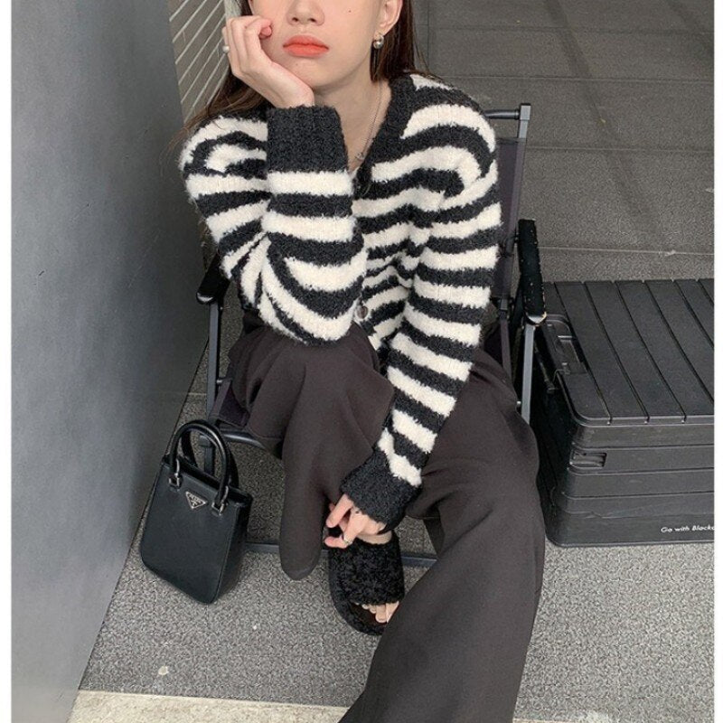 Striped Sweater Jacket Women's Soft Glutinous Knitted Cardigan Top