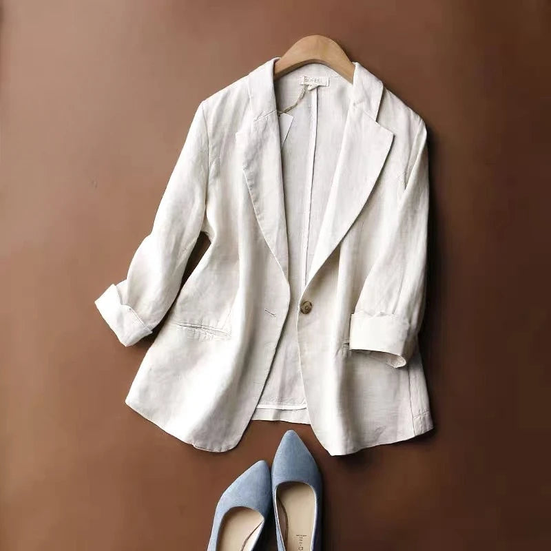 Summer 2024 Loose Plus Size Women's Thin Cotton and Linen Cropped Sleeve Small Suit Jacket