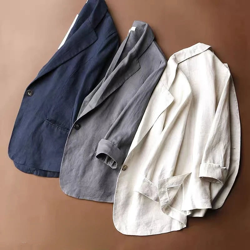 Summer 2024 Loose Plus Size Women's Thin Cotton and Linen Cropped Sleeve Small Suit Jacket