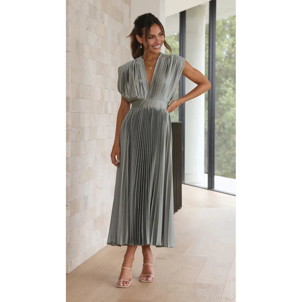 Summer New Sexy Deep V-neck Open Back Pleated Casual Loose Sleeveless Dress