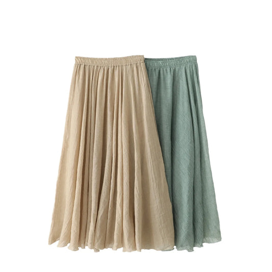 Summer New Versatile Cotton and Hemp Double Layered Elastic Waist Pleated Long Skirt