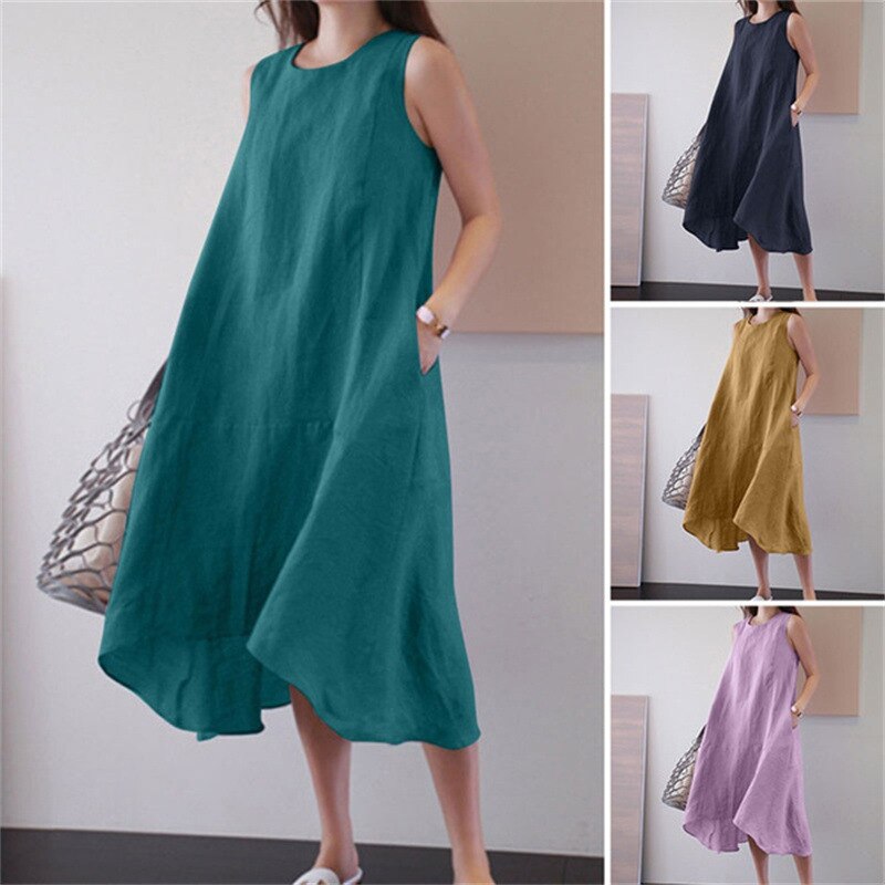 Summer Round Neck Loose Solid Color Long Swing Vest Cotton Linen Dress