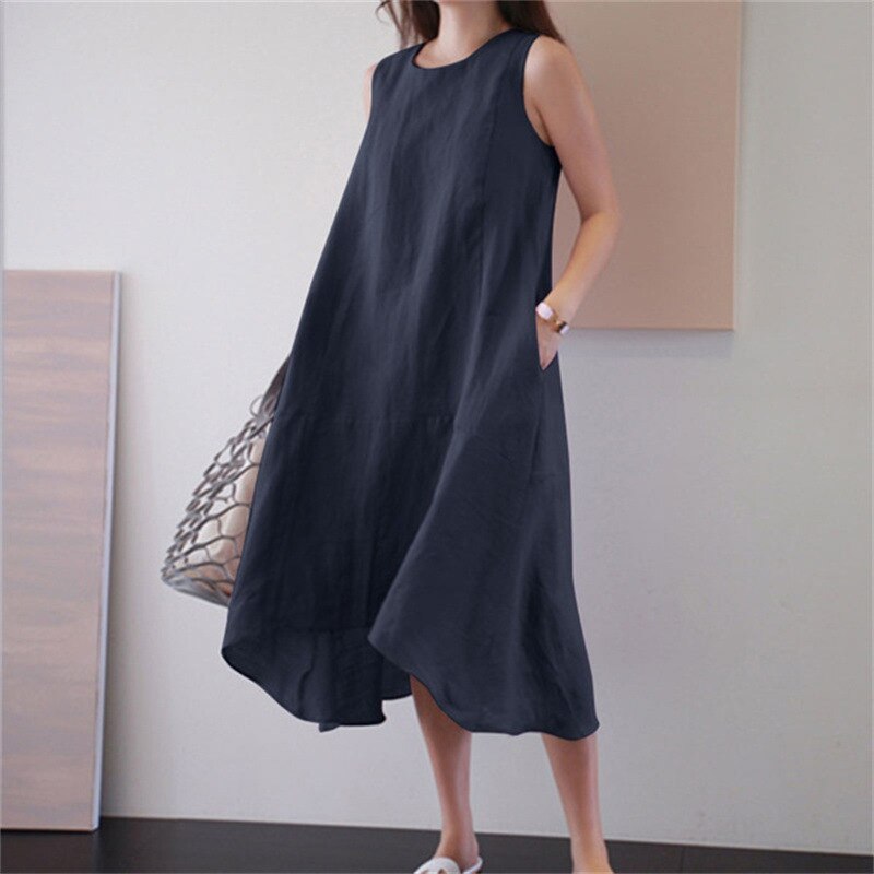 Summer Round Neck Loose Solid Color Long Swing Vest Cotton Linen Dress