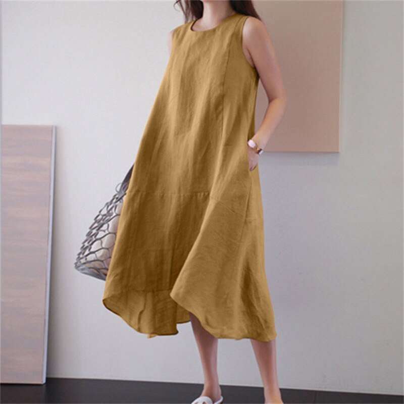 Summer Round Neck Loose Solid Color Long Swing Vest Cotton Linen Dress