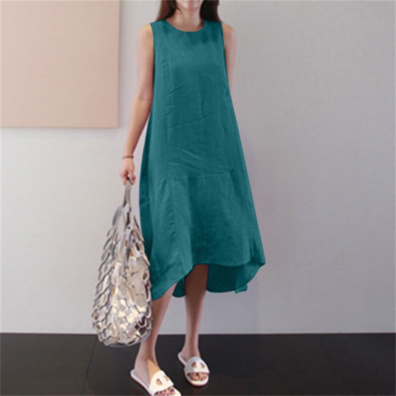 Summer Round Neck Loose Solid Color Long Swing Vest Cotton Linen Dress