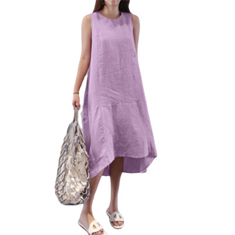 Summer Round Neck Loose Solid Color Long Swing Vest Cotton Linen Dress