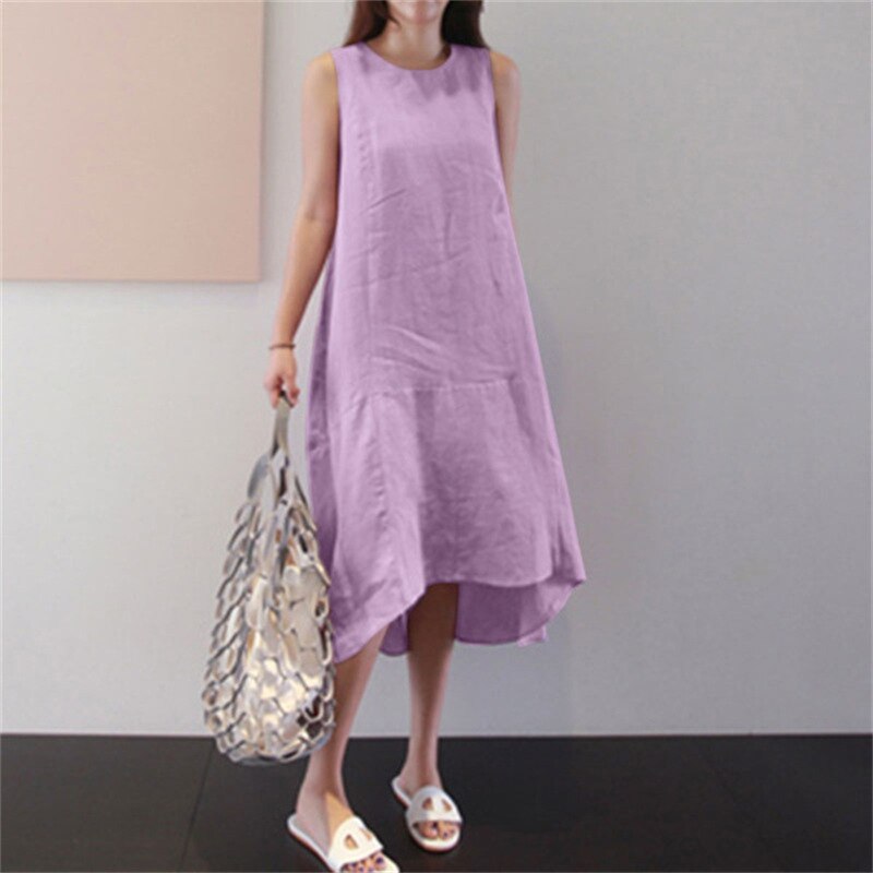 Summer Round Neck Loose Solid Color Long Swing Vest Cotton Linen Dress