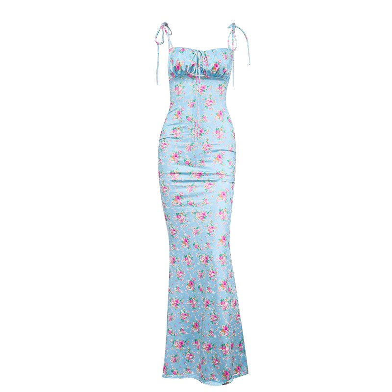 Summer Sexy Floral Pleated Open Back Lace Up Spaghetti Straps Long Dress