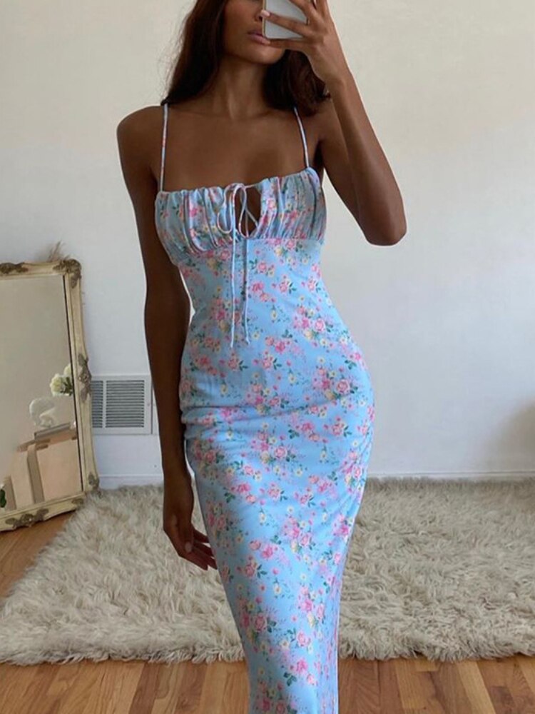 Summer Sexy Floral Pleated Open Back Lace Up Spaghetti Straps Long Dress