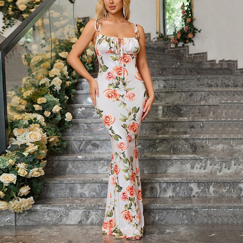 Summer Sexy Floral Pleated Open Back Lace Up Spaghetti Straps Long Dress