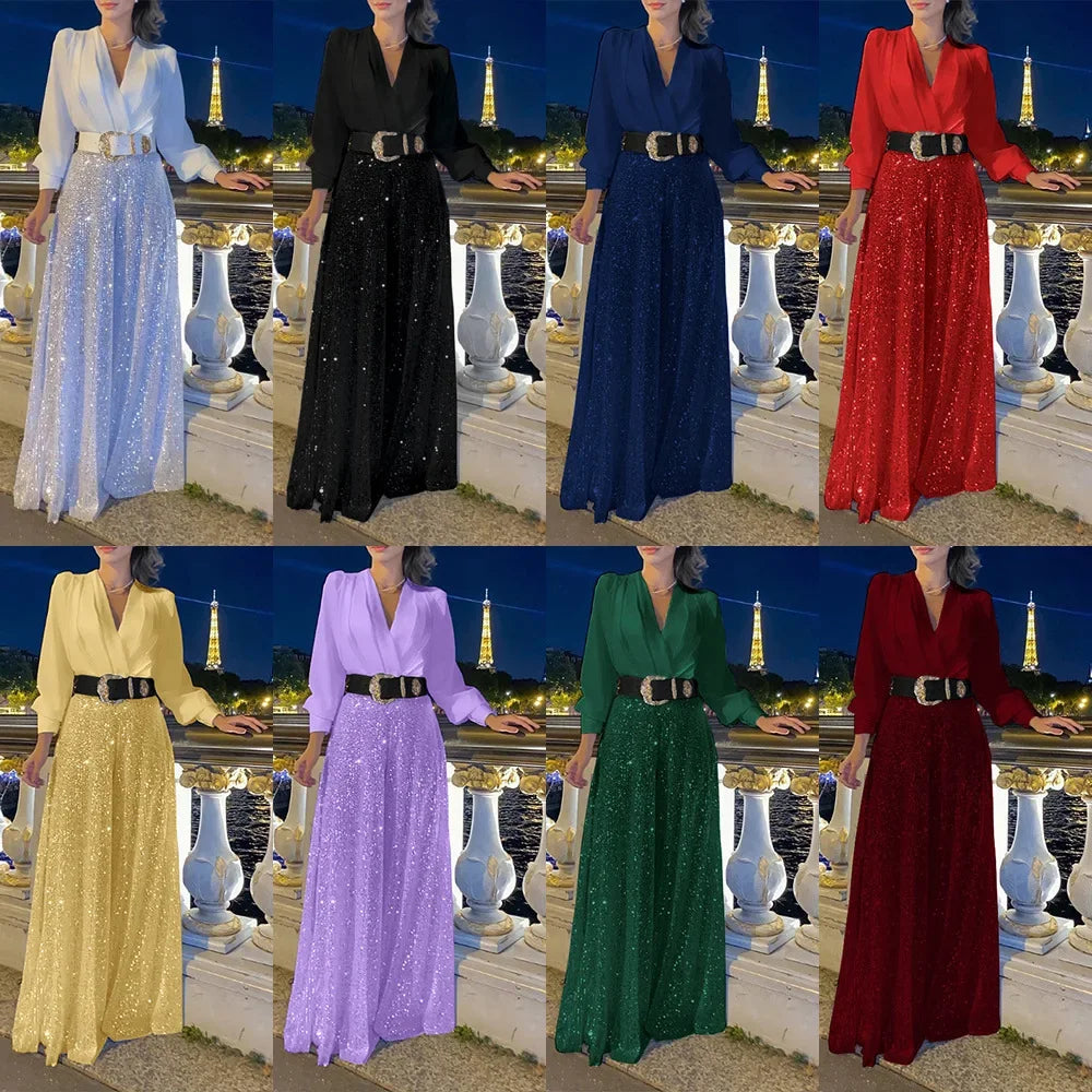 V-neck Fashionable Belt Long Sleeves Sequined Jumpsuit with Random Belt