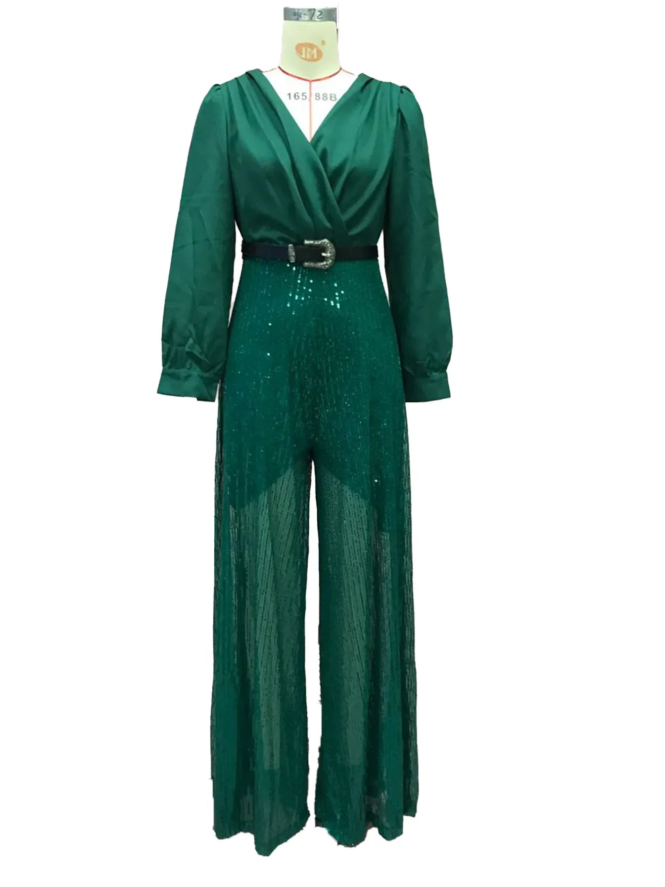 V-neck Fashionable Belt Long Sleeves Sequined Jumpsuit with Random Belt