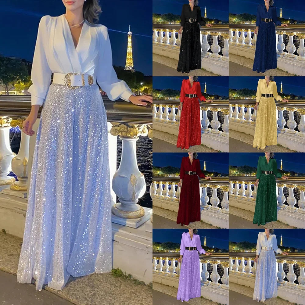 V-neck Fashionable Belt Long Sleeves Sequined Jumpsuit with Random Belt