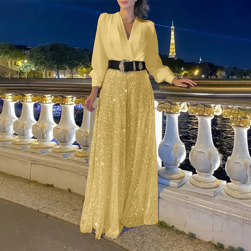 V-neck Fashionable Belt Long Sleeves Sequined Jumpsuit with Random Belt