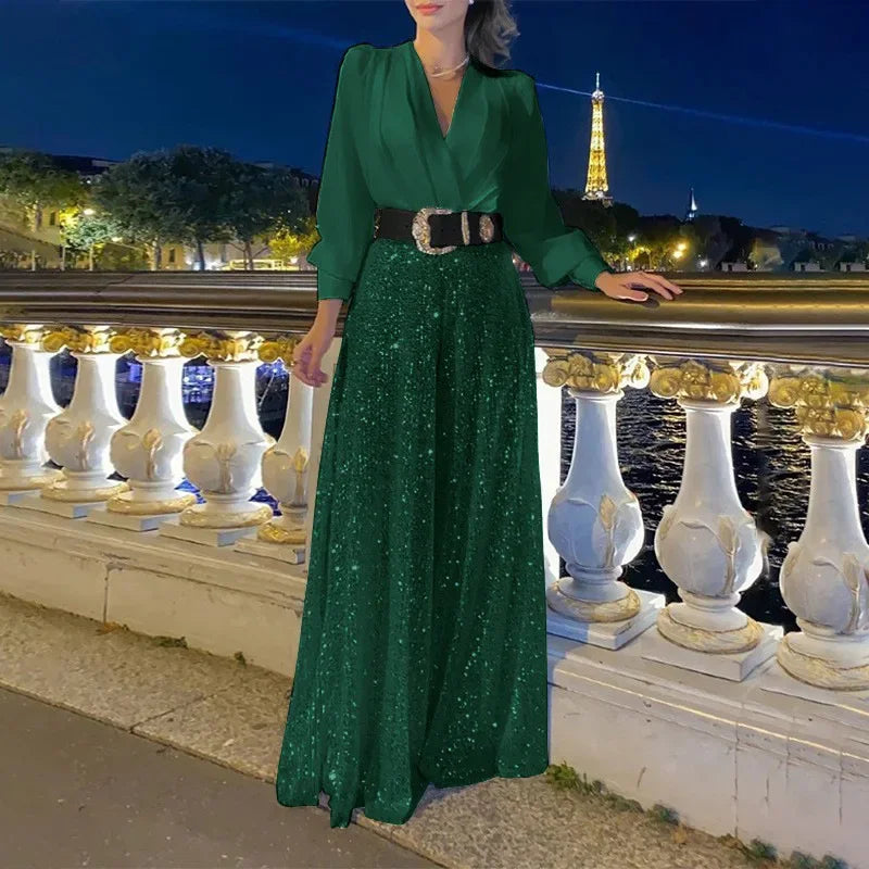 V-neck Fashionable Belt Long Sleeves Sequined Jumpsuit with Random Belt