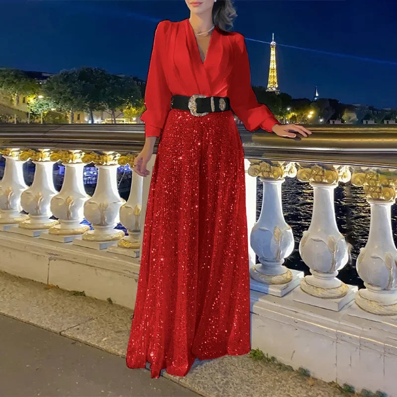V-neck Fashionable Belt Long Sleeves Sequined Jumpsuit with Random Belt