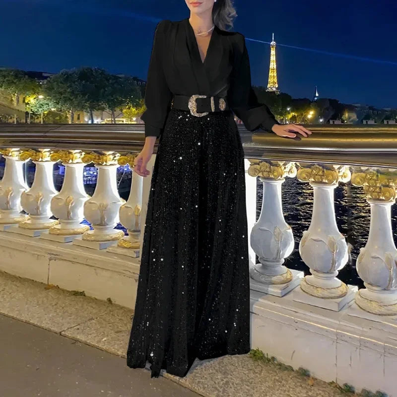 V-neck Fashionable Belt Long Sleeves Sequined Jumpsuit with Random Belt