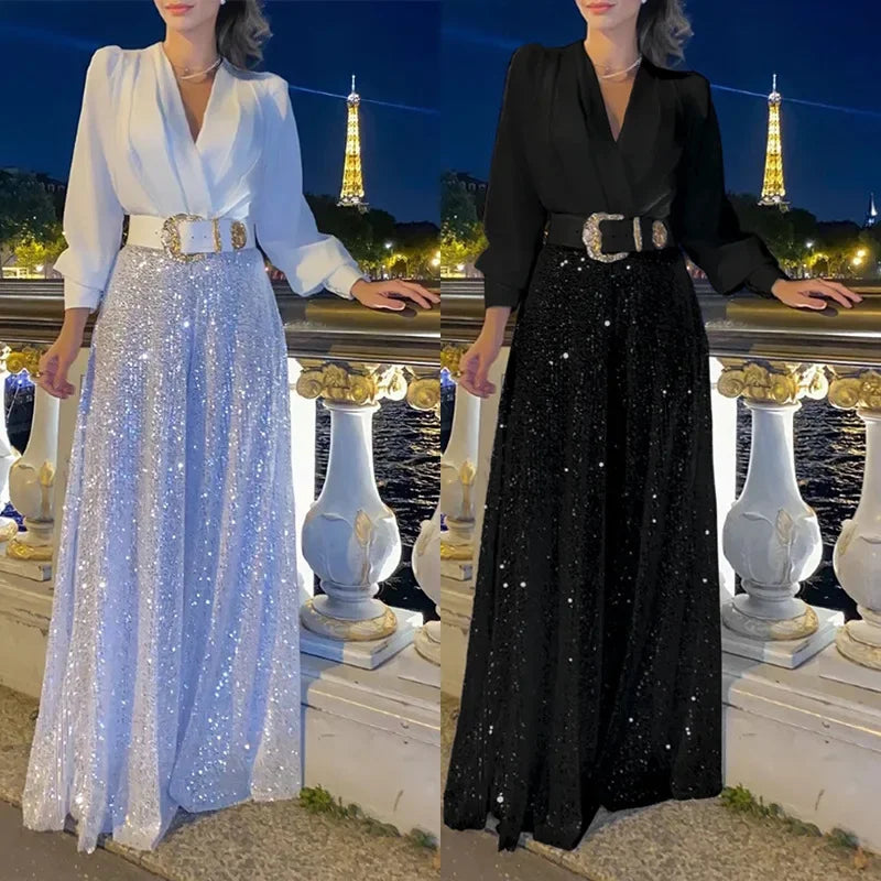 V-neck Fashionable Belt Long Sleeves Sequined Jumpsuit with Random Belt